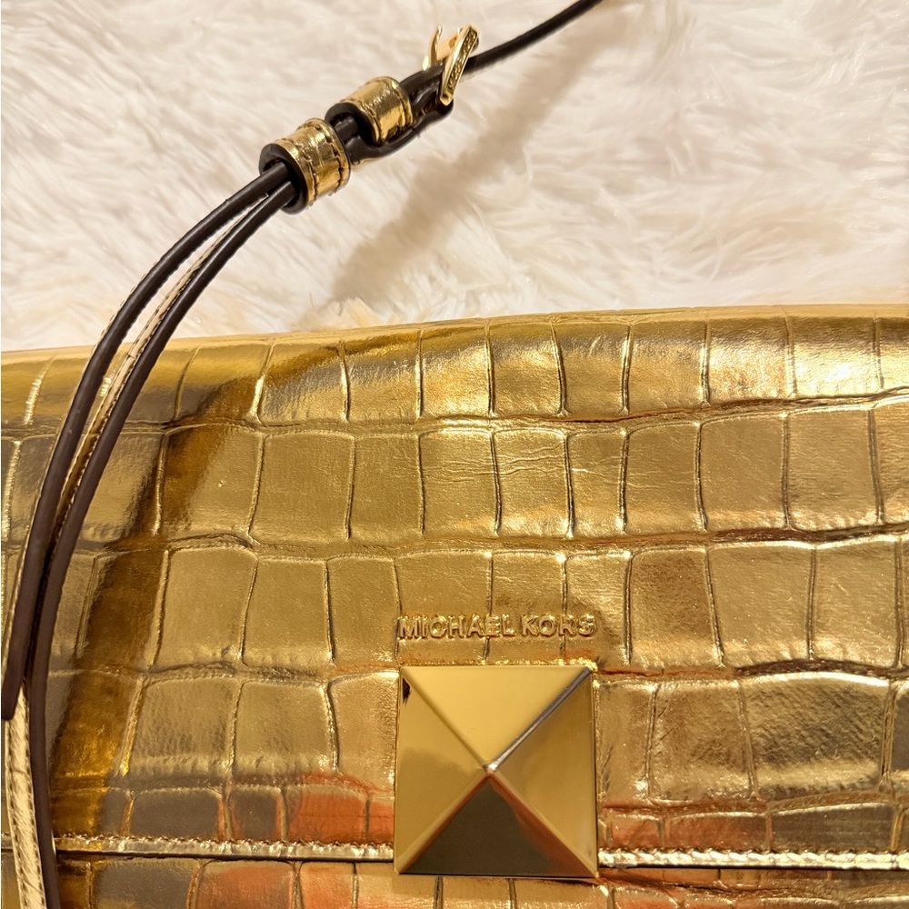 Michael Kors Metallic Gold Croc-Embossed Crossbody Bag - Picture 5 of 10